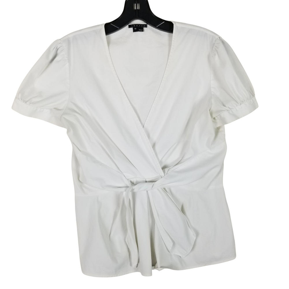 Theory Wrap Top Womens Size M White V-Neck‎ Puff Sleeve Tie Front Cotton Blouse